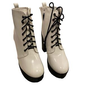 Allegra K White Lace Up/Zipper Platform Boots Size 7.5